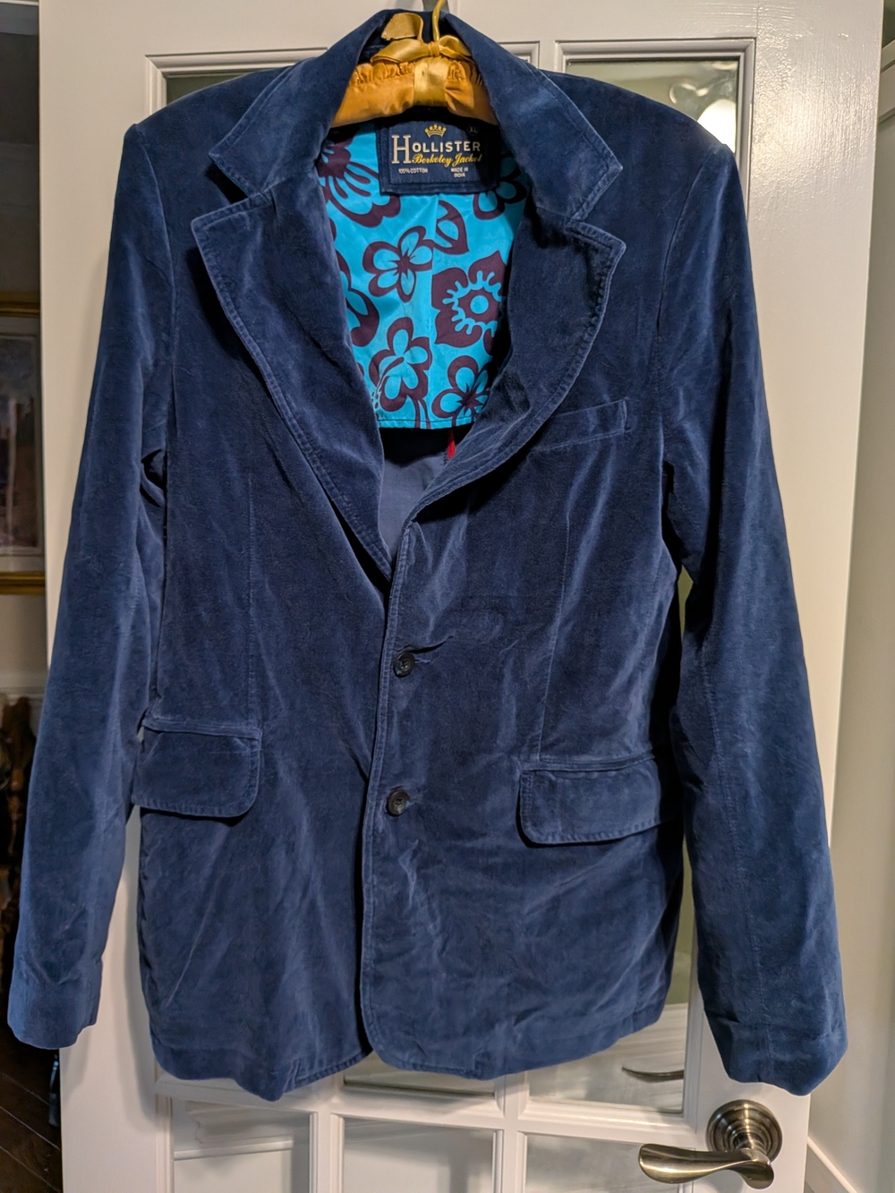 VTG Hollister Berkeley Velvet Lounge Jacket XL Blue Floral Lining Like New Y2K